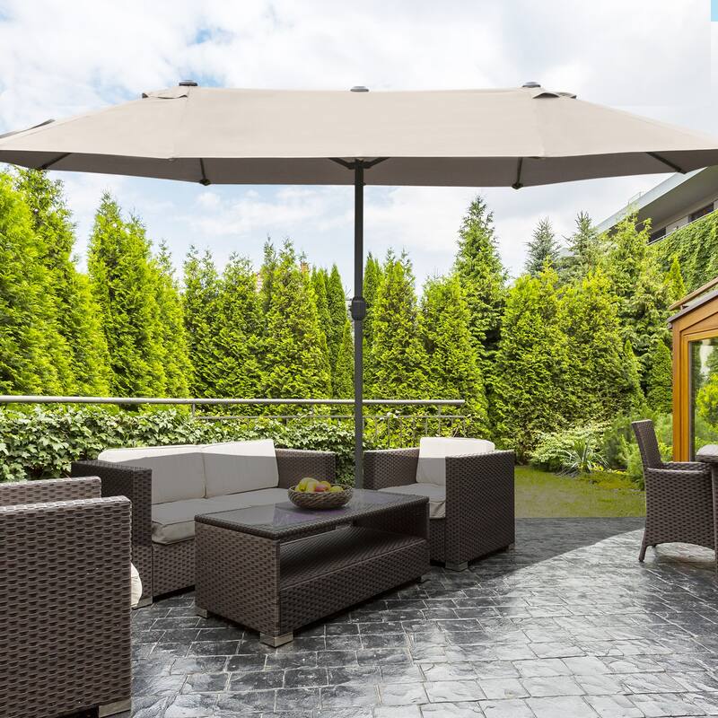 15-Foot Steel Rectangular Double-Sided Patio Umbrella with Easy Crank, Sun Protection, and Base for Outdoor Use