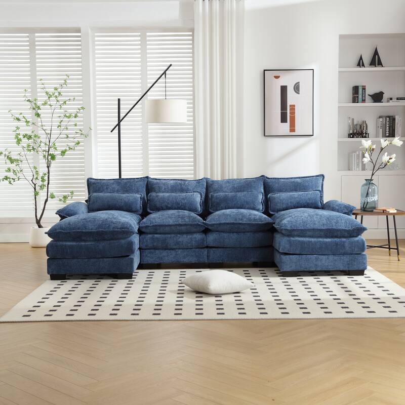 U-shaped Recliner Sofa Chenille Upholstered Chaise Sectional Sofa Symmetrical Reclining Couch with Double Thick Cushions