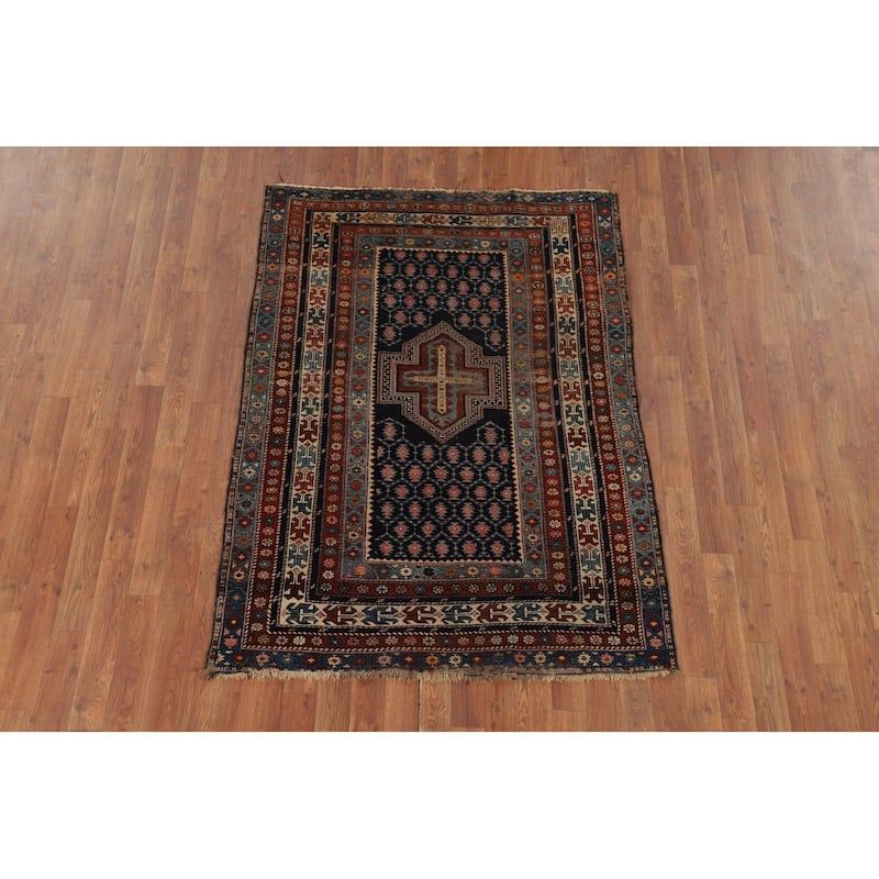 Pre-1900 Antique Kazak Vegetable Dye Foyer Rug Handmade Wool Carpet - 3'10" x 5'5"