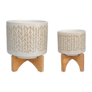 Sagebrook Home Set of 2 Ceramic Planters Contemporary Chevron Design Planters in Ivory and Beige on Bamboo Stands Indoor