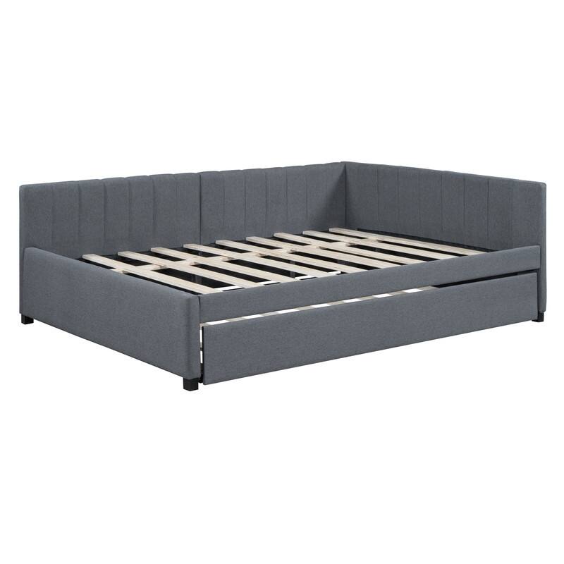 Full Size Upholstered Daybed with Trundle Sofa Bed Frame No Box Spring Needed, Linen Fabric