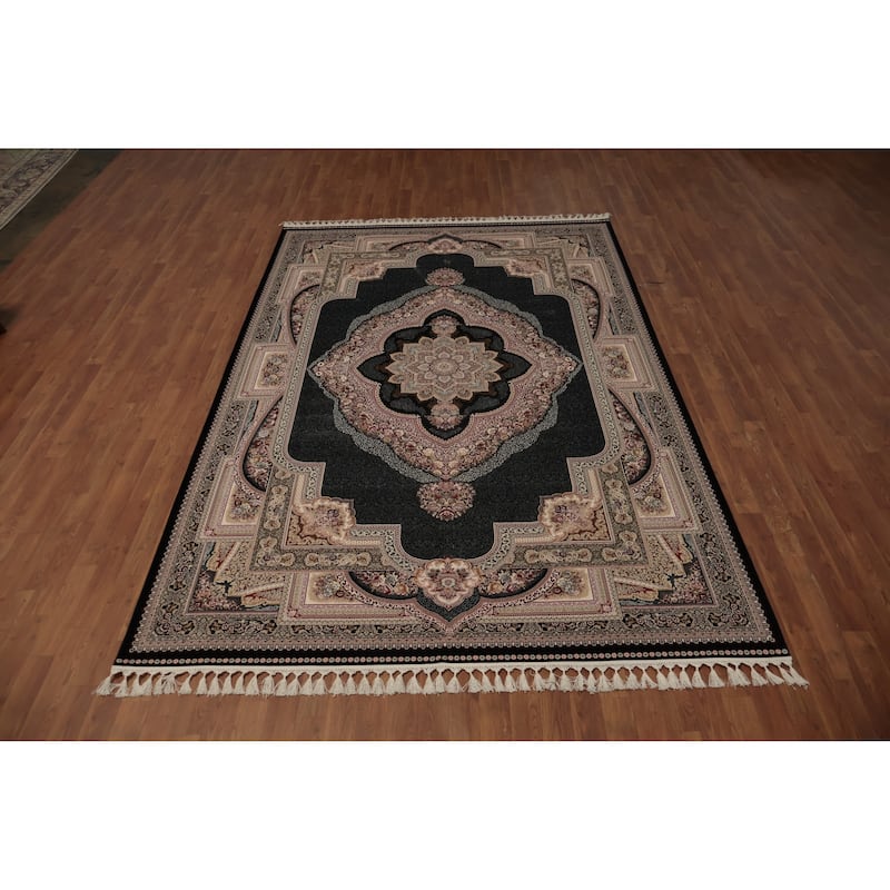 Machine Made Oriental 90% Silk - 10% Polyester Carpet Traditional Medallion Navy Blue & Blues Qum Area Rug - 9' 10'' X 6' 6''