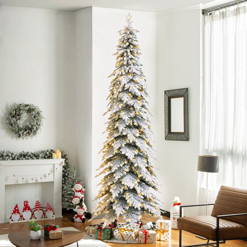 Glitzhome Snow-Flocked Chicago Frostwood Spruce Pre-Lit Artificial Christmas Trees-7.5/9/11 Foot - 11ft