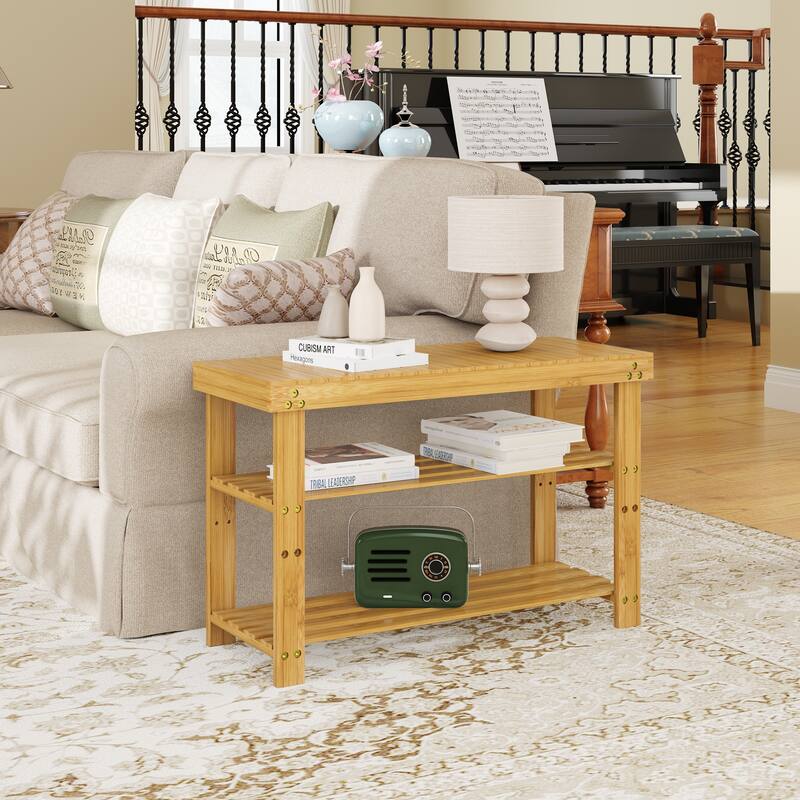 Bamboo Shoe Bench, 3-Tier Shoe Rack, Entryway Bench with Cushion and Adjustable Shelves, Shoe Rack for Entryway, Hallway