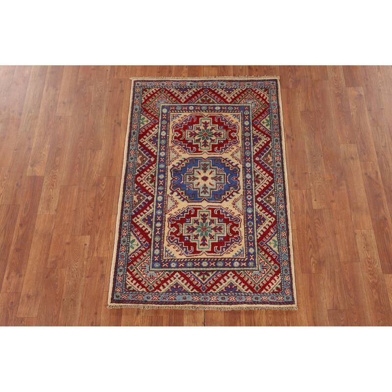 Geometric Kazak Oriental Accent Rug Handmade Bedroom Wool Carpet - 2'7" x 3'10"