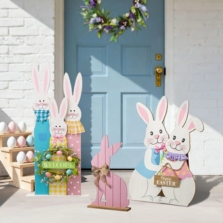 Glitzhome Easter Wooden Bunny Porch Decor Standing Rabbit Sign Decoration