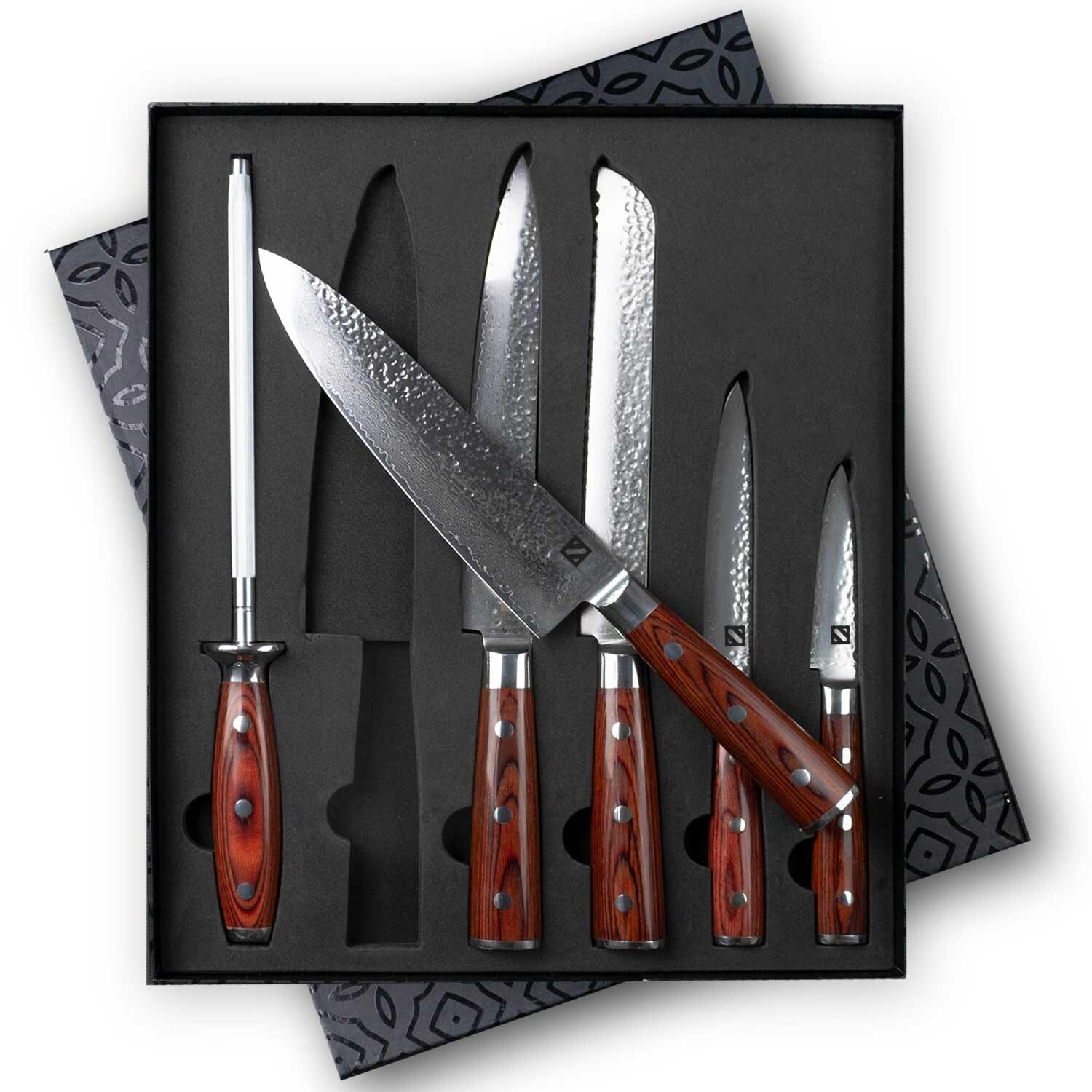 Shop Zelancio Premium 6 Piece Hammered Japanese Steel Knife Set With High Carbon Core And 16 Layer Damascus Steel Blades Overstock 26030622