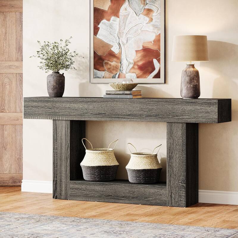 63 Inches Brown/ Gray Wood Console Table, Farmhouse Entryway Table for Hallway