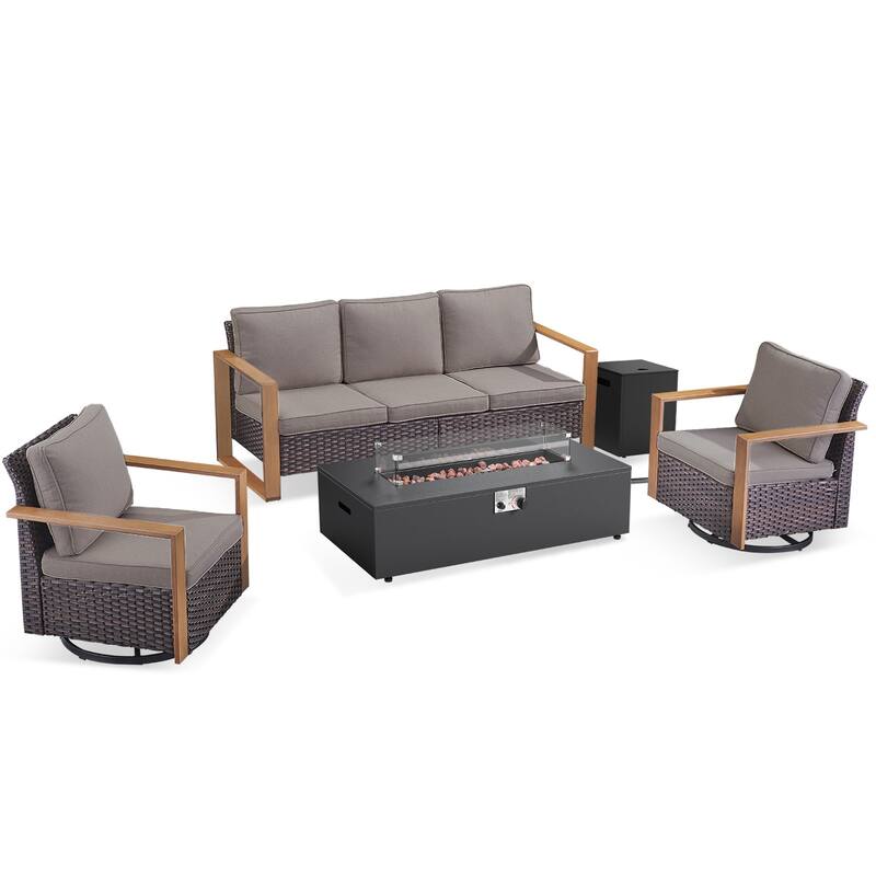 Pocassy Outdoor Sofa Swivel Chair Ottoman w/ 43" Fire Pit Set