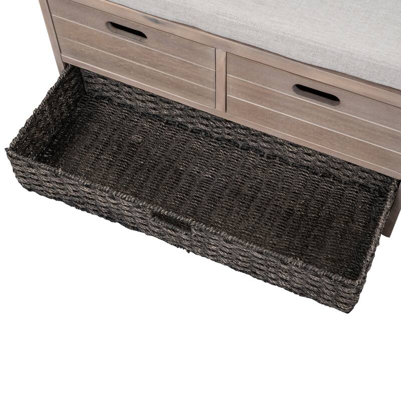 Storage Bench with Removable Basket and 2 Drawers, Fully Assembled Shoe Bench with Removable Cushion