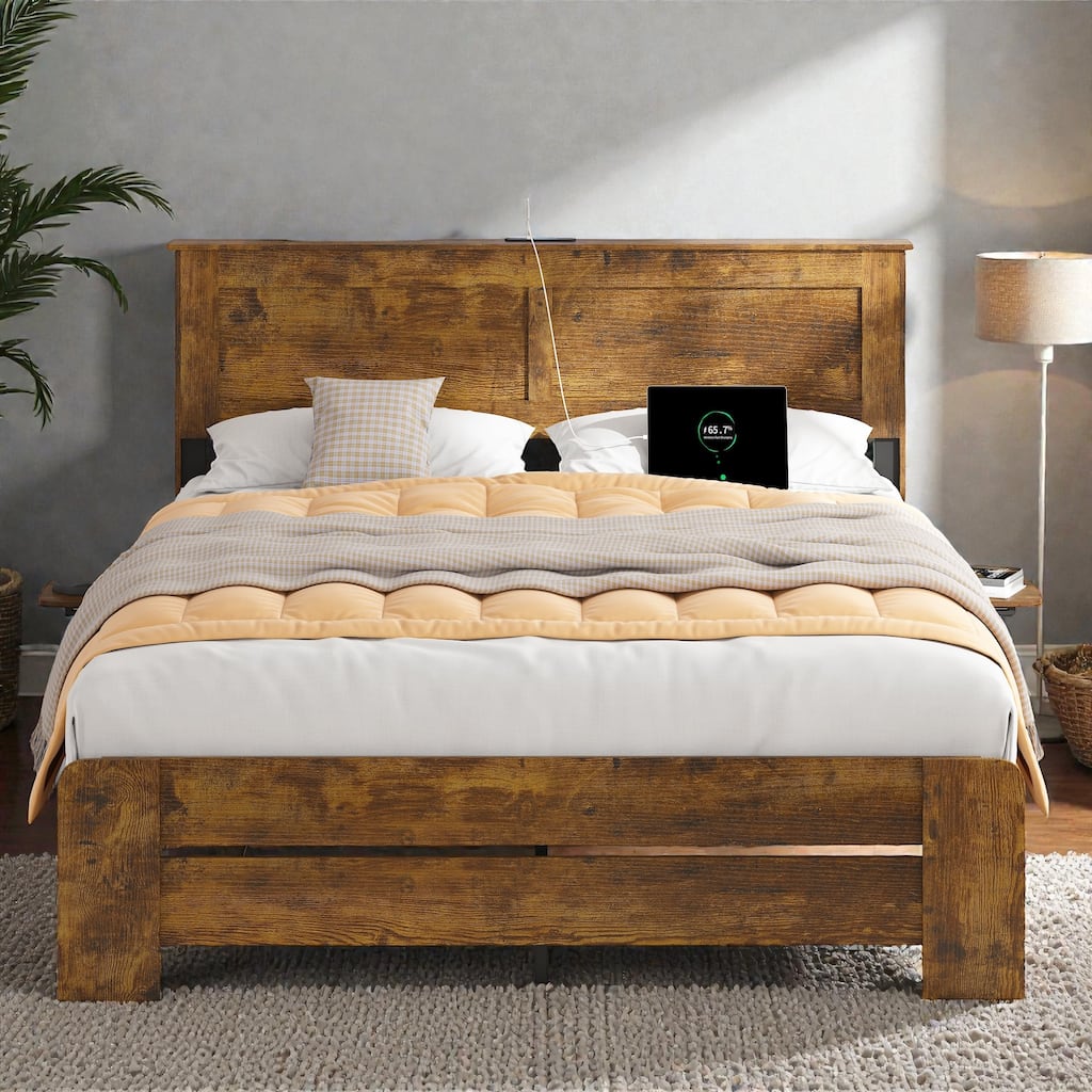 Farmhouse Wood Platform Bed Frame with Storage Headboard, LED Lights and Charging Station, Rustic Brown Bed