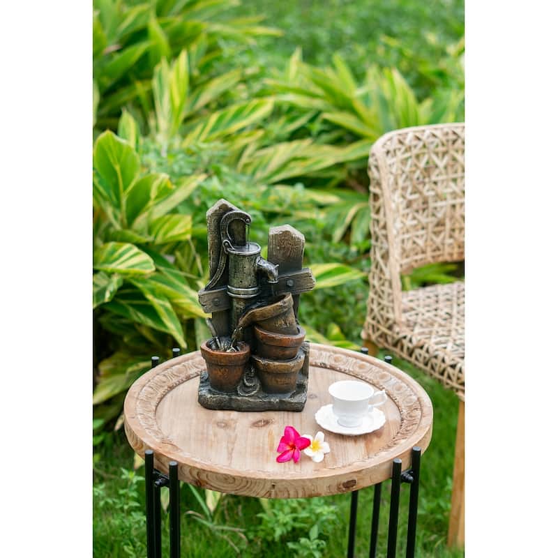 7.7x3.9x13.6" Brown and Gray Water Fountain with Antique Water Pump Design and LED Light