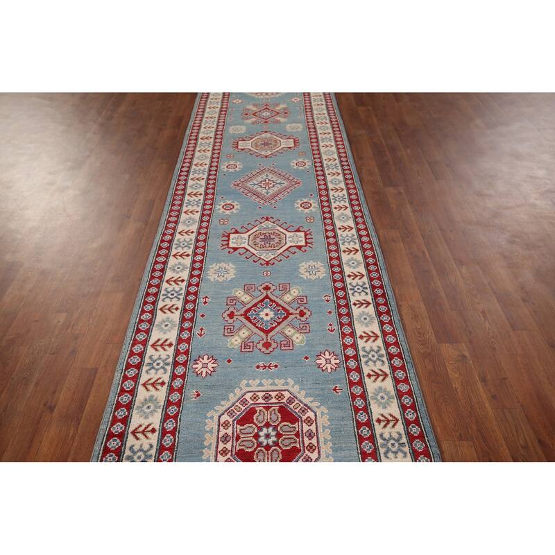 Light Blue Kazak Oriental Runner Rug Handmade Wool Carpet - 2'10" x 15'0"