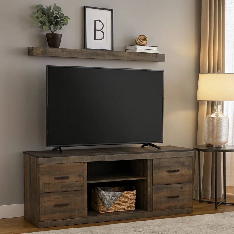 60 Inch Wood TV Media Entertainment Console, 3 Shelves, Metal Rivet, Brown