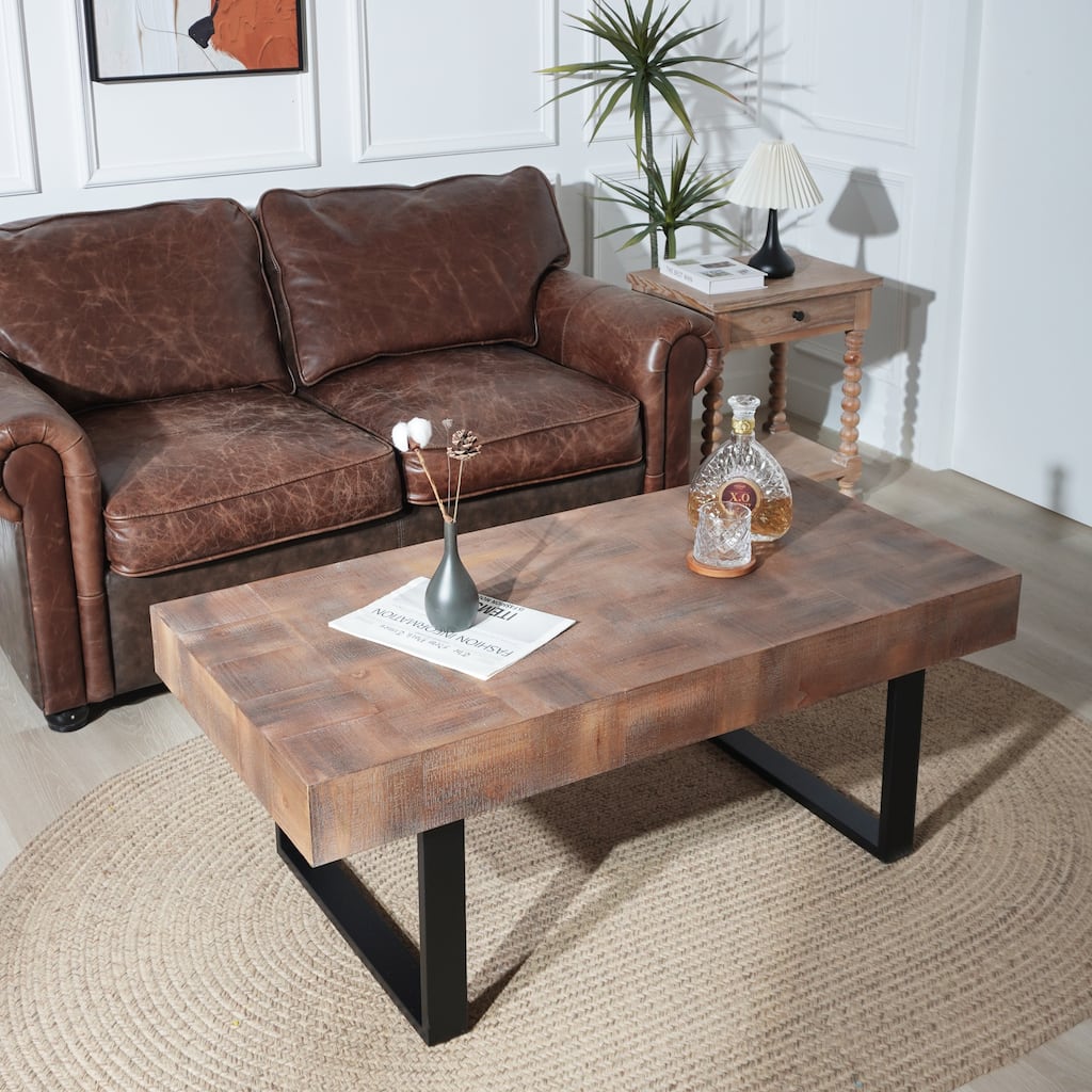 Industrial Style Coffee Table Stylish Handmade Coffee Table with Metal Frame and Spliced Wood Grain, for Living Room