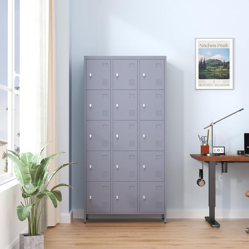 72"H Metal Lockers With 15 Door,Storage Cabinet With Lock for Employees,School,Gym - Grey