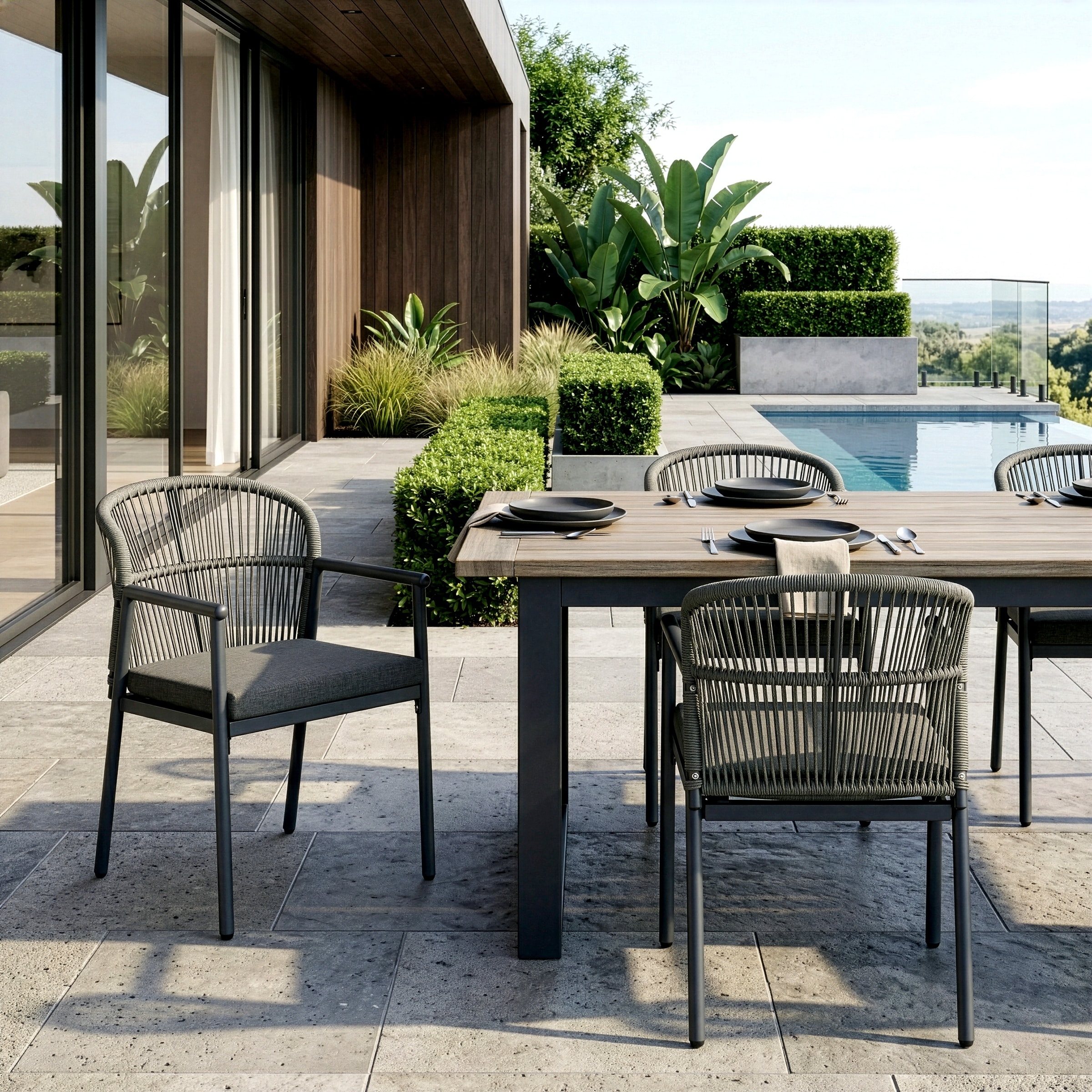 Bina Grey Outdoor Dining Chair with Hand-Woven Rattan Back (Set of 2)