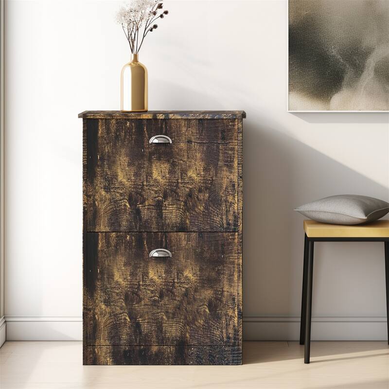 Hidden Narrow Wood Shoe Rack Cabinet with 2 Drawers for Entryway