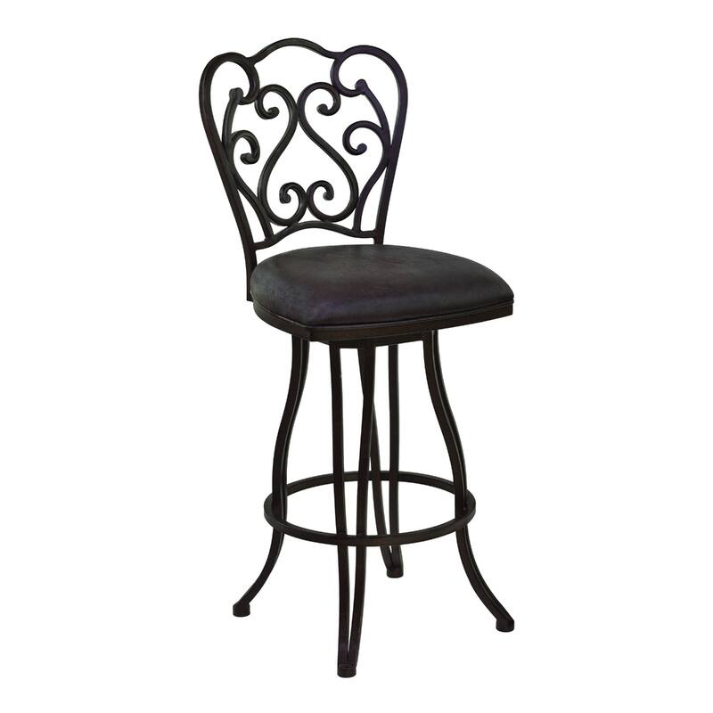 Espresso Fabric Swivel Bar Chair with Scroll Back Design, Iron Frame and Footrest - 19” x 22” x 48” (D x W x H)
