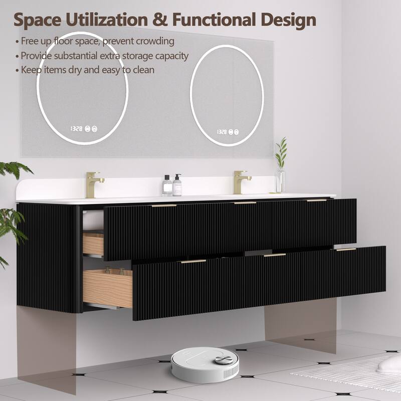 72" Floating Bathroom Vanity with Integrated countertop Rectangular Sink Solid Wood