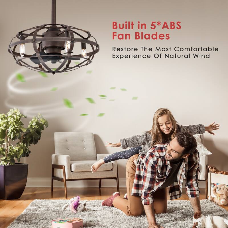 Cusp Barn Modern Enclosed Caged Ceiling Fan with Remote Control, Farmhouse Bladeless Rust Industrial Light Fixture for Bedroom