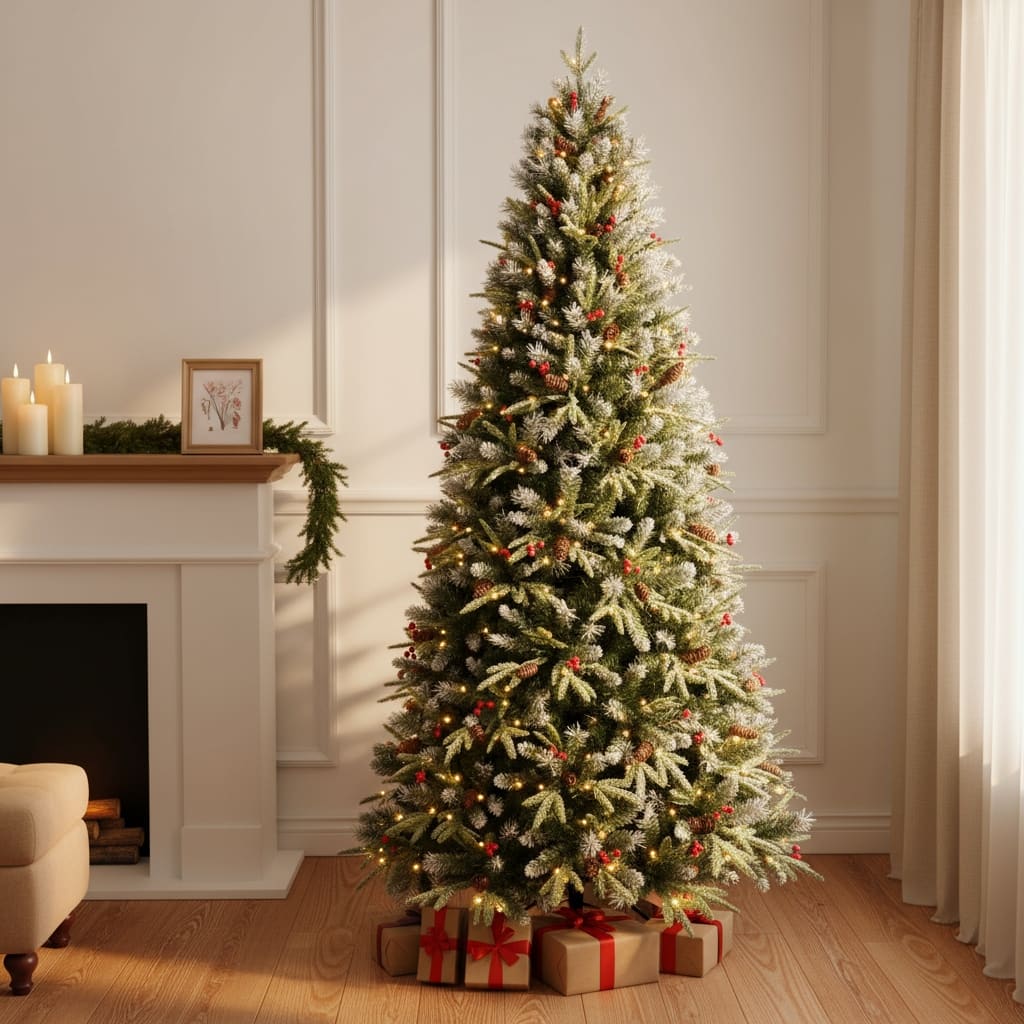 HomeRoots 6' Green And White Pre Lit Full Fir Christmas Tree With Decorations - 42.00 in. x 72.00 in. x 42.00 in.