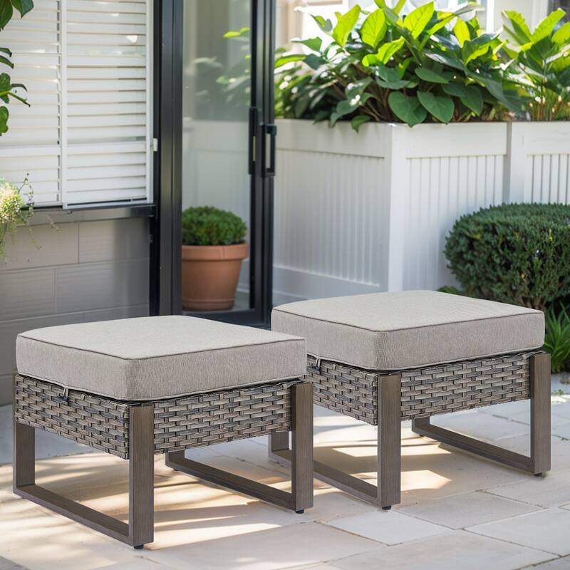 Gymojoy 2 Wicker Ottomans w/Removable Cushions - Grey Wicker - Grey Cusion