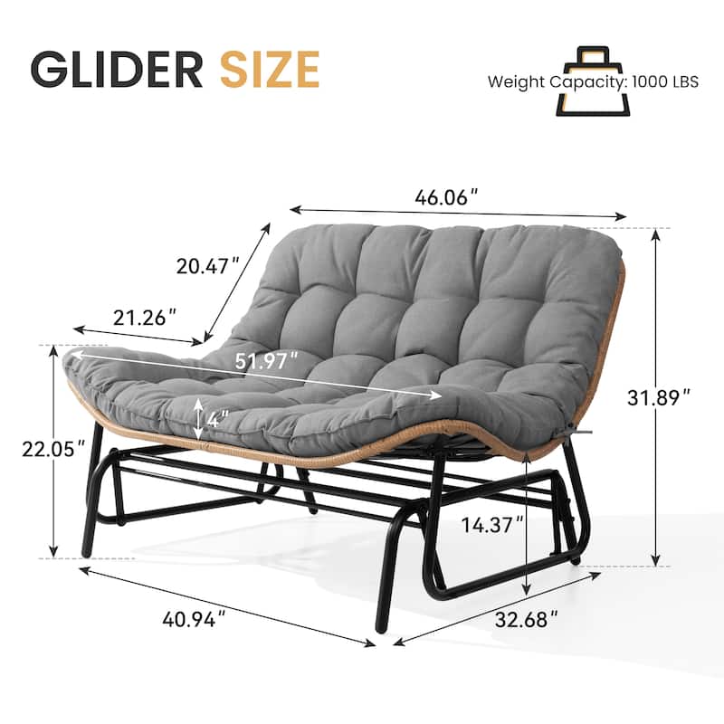 Oversized 2-Person Outdoor Glider Rocking Chair Bench Double Papasan Chair Loveseat with Cushion