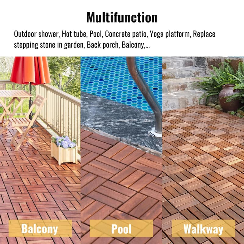 20 PCS Interlocking Deck Tiles Checker Pattern, 12" x 12"Square Acacia Hardwood Outdoor Flooring for Patio,Bancony,Pool Side