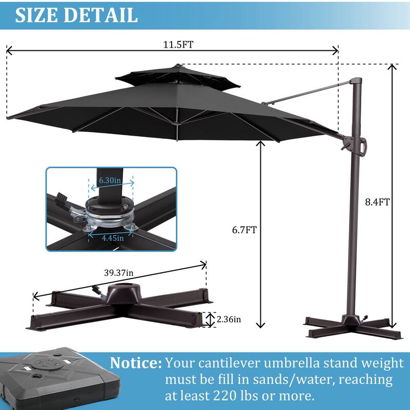 VredHom 11.5FT Dual Wind Vent Offset Cantilever Patio Umbrella with Base