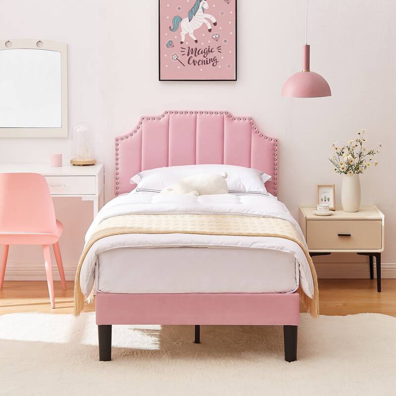 Javlergo Upholstered Platform Bed Frame with Nailhead Trimmed Adjustable Height Headboard, No Box Spring Needed
