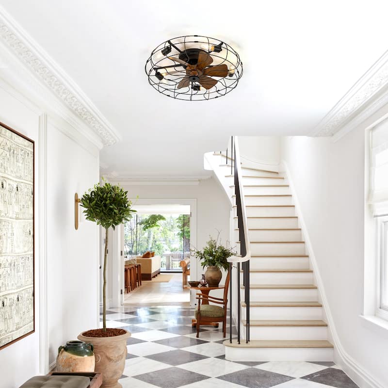 19"/23.6" Farmhouse Industrial Enclosed Caged Ceiling Fan with Light & Remote