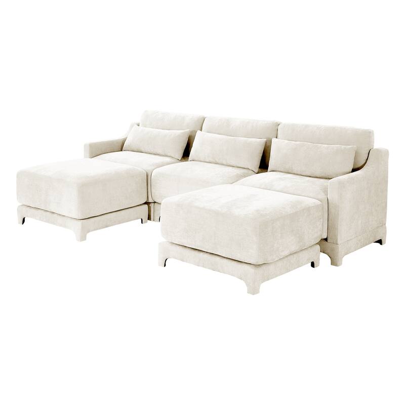105.9" Chenille 3-Seater Sofa with 2 Ottomans, Lumbar Pillow & Wooden Base