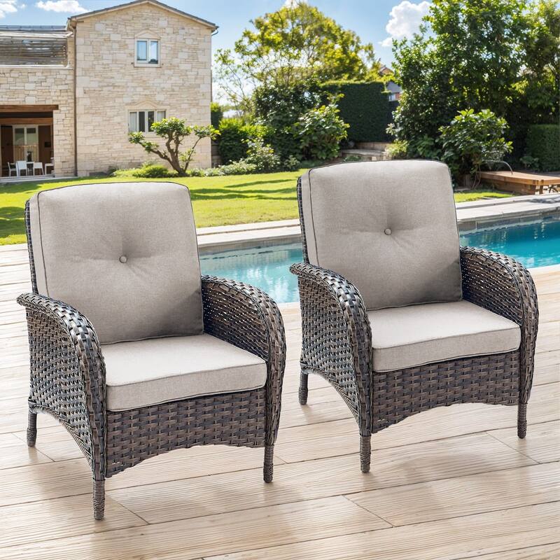 Gymojoy Stylish High Back Outdoor Wicker Dining Chairs Set of 2 - 2-Piece - Brown Wicker / Beige Cushion