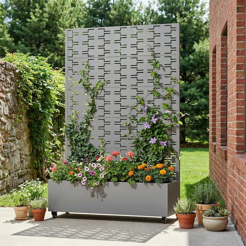 Metal Planter Box with Trellis Privacy Screen Planter Box with Lockable Wheels - Grey-Rectangle - 72"x47"