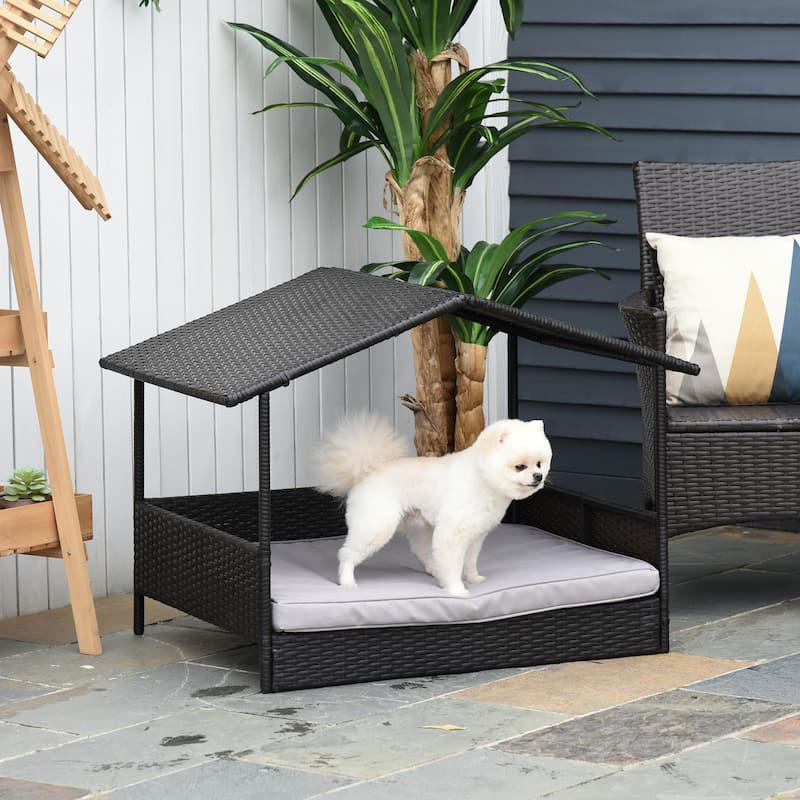 PawHut Wicker Dog House Raised Rattan Bed for Indoor/Outdoor - Brown, Grey