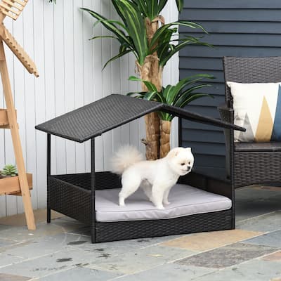 PawHut Wicker Dog House Raised Rattan Bed for Indoor/Outdoor