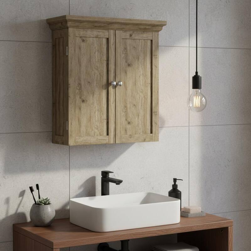 Teamson Home Stratford Removable Wall Cabinet 2 Doors, Adjustable Shelves, Crown Molding, Beveled Inlays for Bathroom Storage