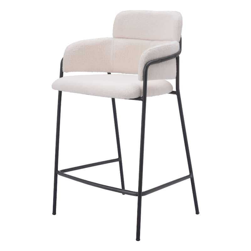 HomeRoots Set of Two 26" Cream and Black Faux Shearling and Steel Counter Height Bar Chairs