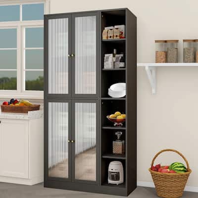 Freestanding Kitchen Pantry with Glass Doors and Adjustable Shelves
