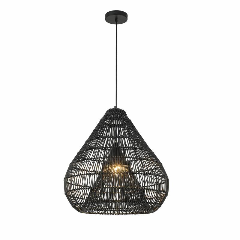 Serina 1-Light Wicker Outdoor Pendant Light, Coastal Boho Dome - Handwoven - 20" Wide - Matte Black