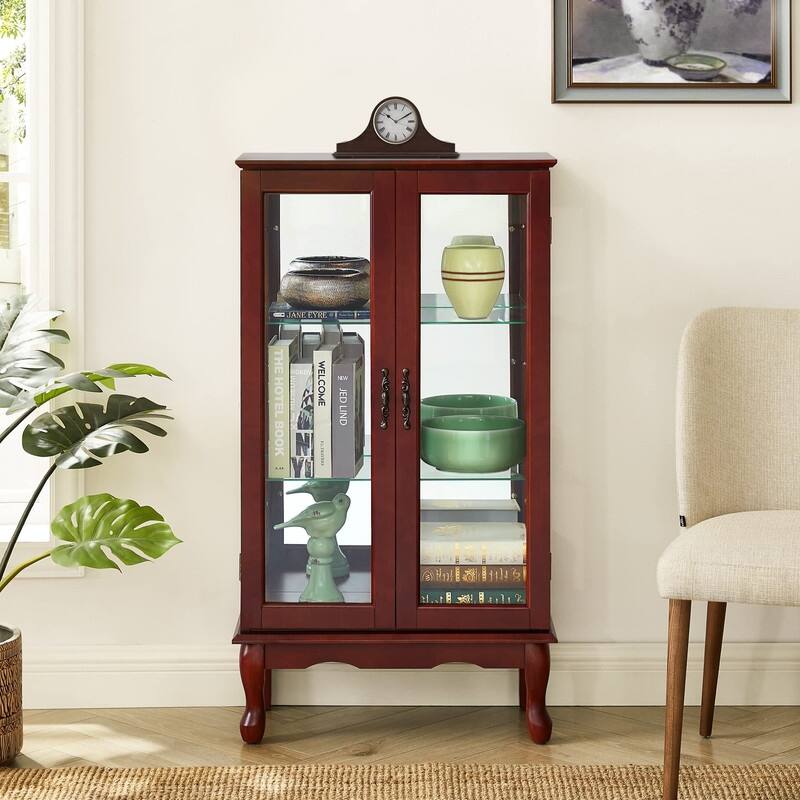 Curio Cabinet Lighted Diapaly Cabinet Wooden Shelving Unit with Adjustable Shelves and Mirrored Back Panel, Tempered Glass Doors