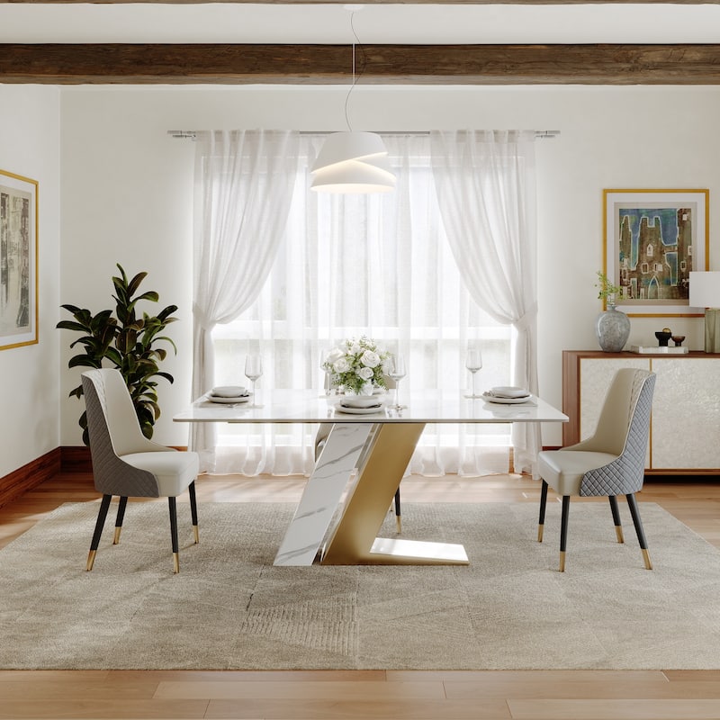 Modern Luxury White Rectangular Dining Table with Glossy Sintered Stone Tabletop, White Z-shaped Stainless Steel Base