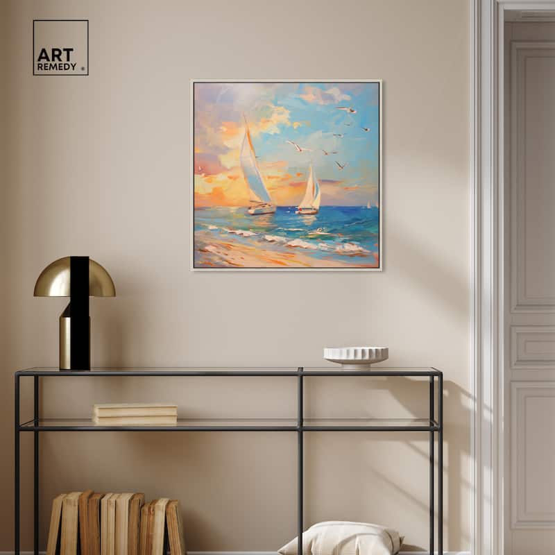 Art Remedy Sailboats In The Sunset Framed Sailing 1 Piece Canvas Wall Art