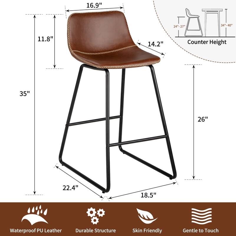 Counter Height Bar Stools Set of 2, Counter Stools with Backs, Modern Bar Stools for Kitchen Island, Bar Stools 26" Seat Height