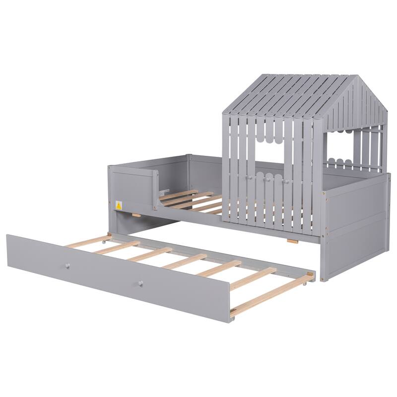 Twin Size House Low Loft Bed w/ Trundle Upholstered Bed, Safety Guard