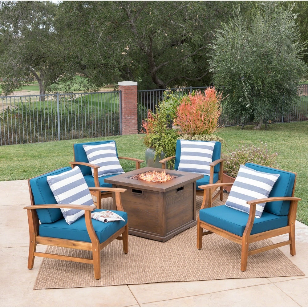 Havana Outdoor 4-seater Wood Chat Set with Fire Table by Christopher Knight Home