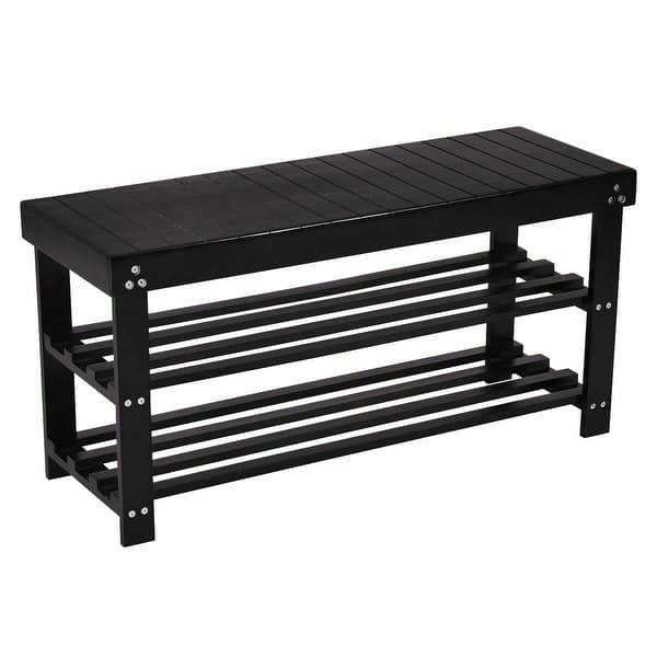 Shop Costway Solid Wooden Shoe Bench Storage Racks Seat Organizer Entryway Hallway Black Overstock 18298014