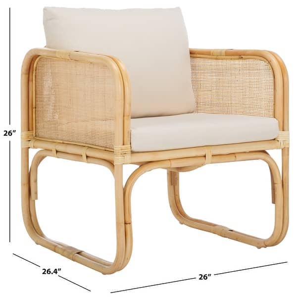 dimension image slide 0 of 2, SAFAVIEH Alybeth Boho Coastal Solid Wood Accent Chair with Cushion - 26" W x 26" D x 26" H