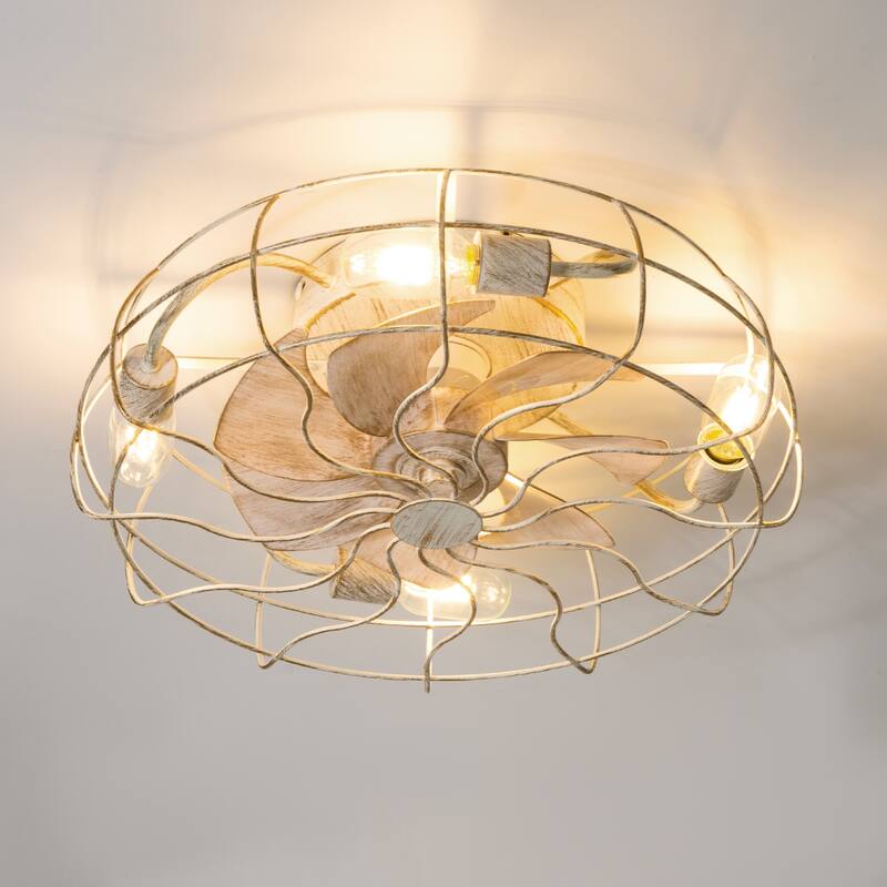 19 Inch 7-Blade Enclosed Indoor Flush Mount Caged Ceiling Fan with Light and Remote